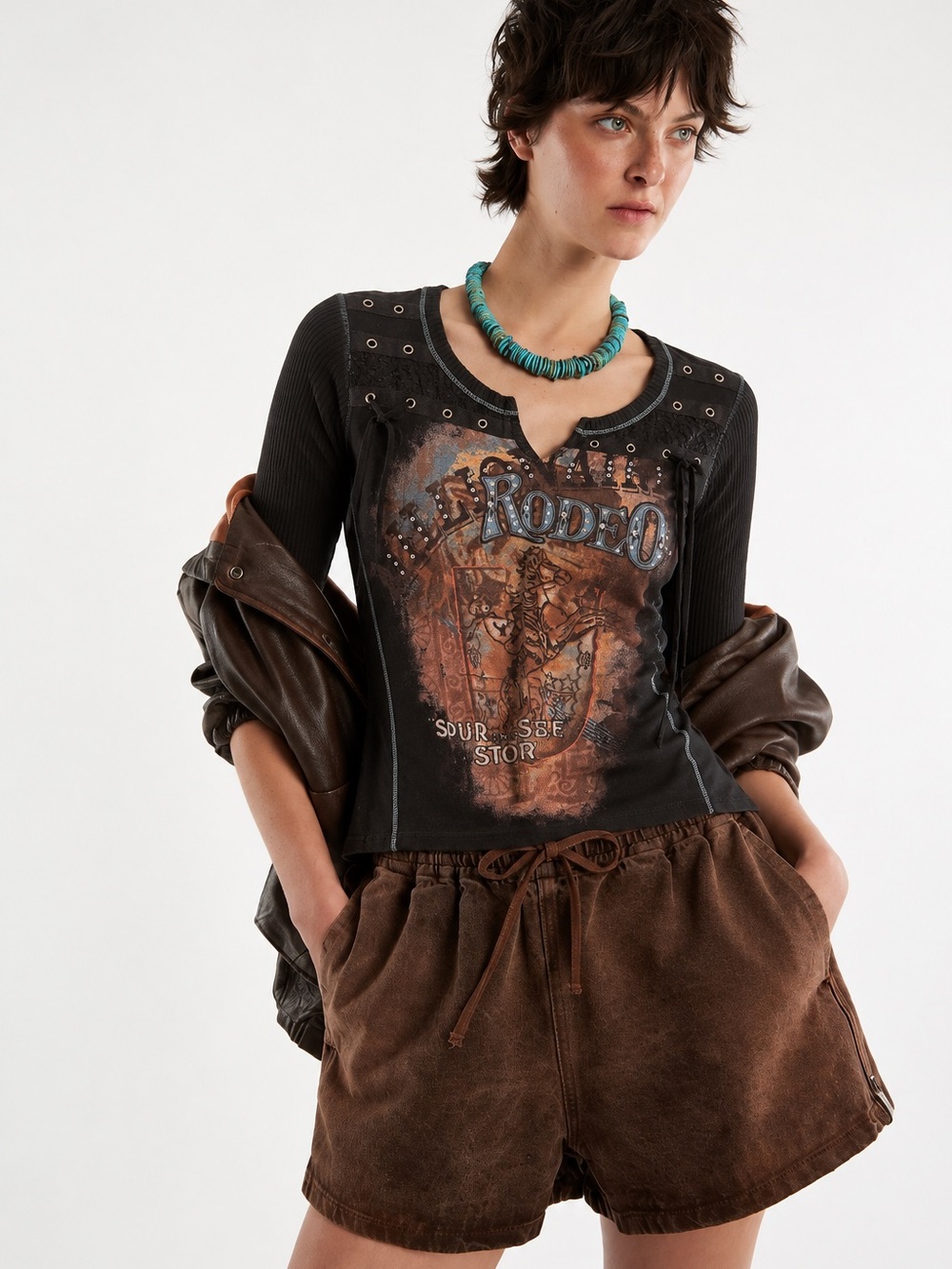 316. Women's Black Graphic Rodeo Long-Sleeve Top